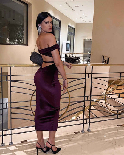 velvet midi off-shoulder backless dark magenta midi dress