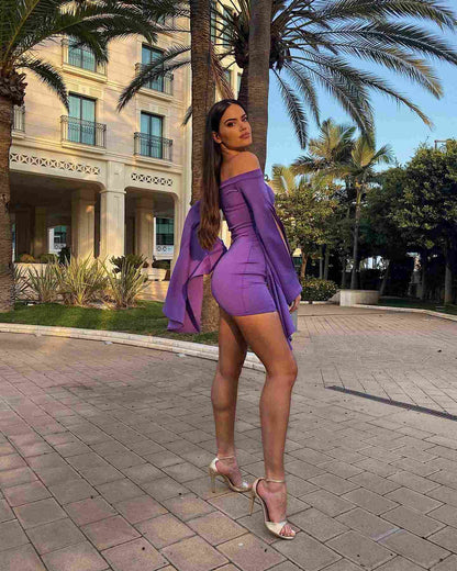 Cape sleeve dress in purple color