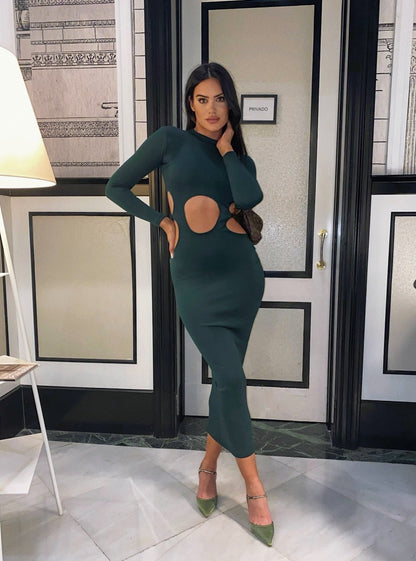 Turtleneck long sleeve long dress in emerald green color